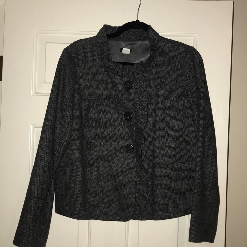 J Crew Grey Herringbone Ruffle Blazer